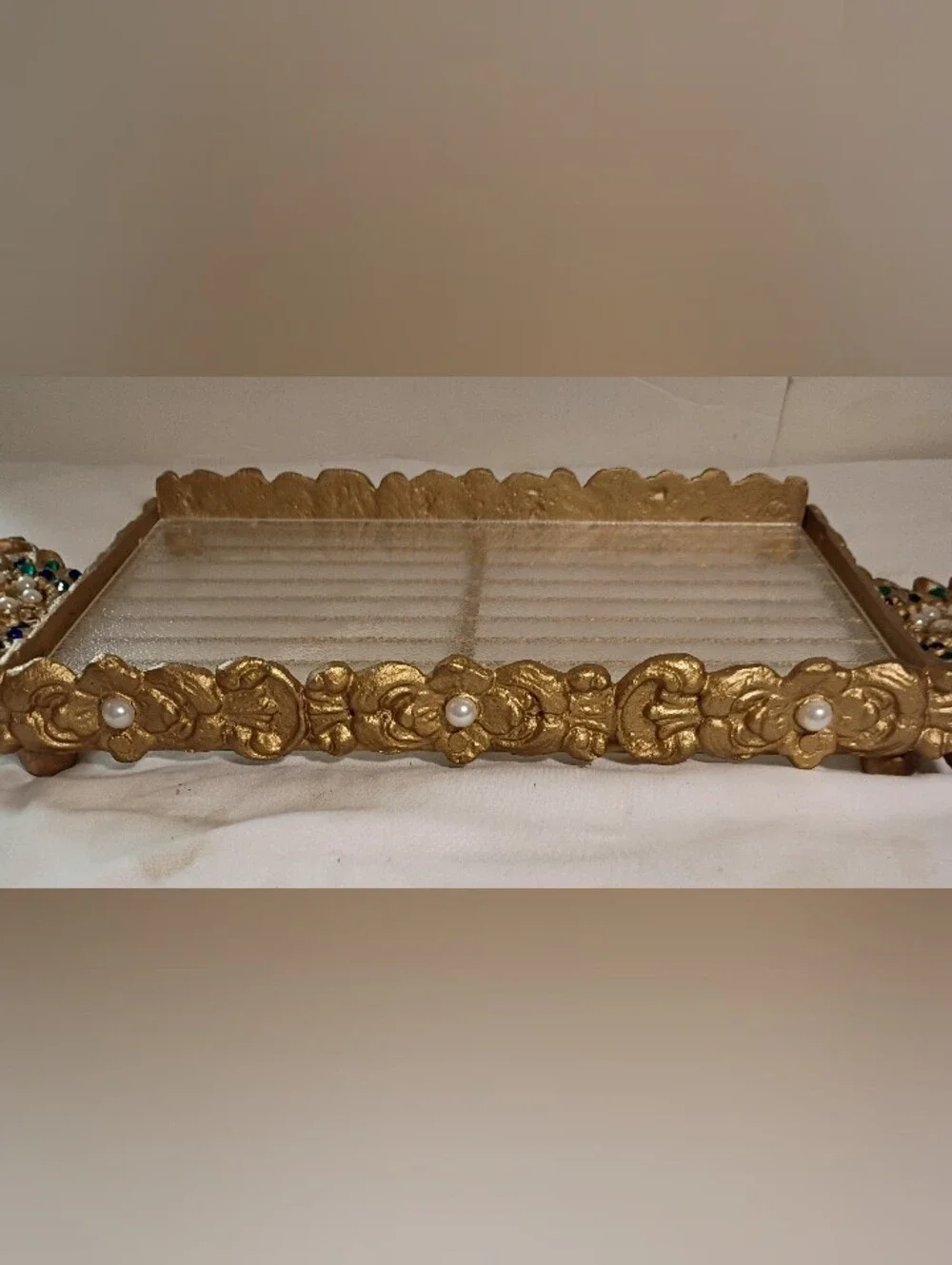 Vtg '60s Hollywood Regency Jeweled Peacock Vanity Tray & Letter Holder Set Gold